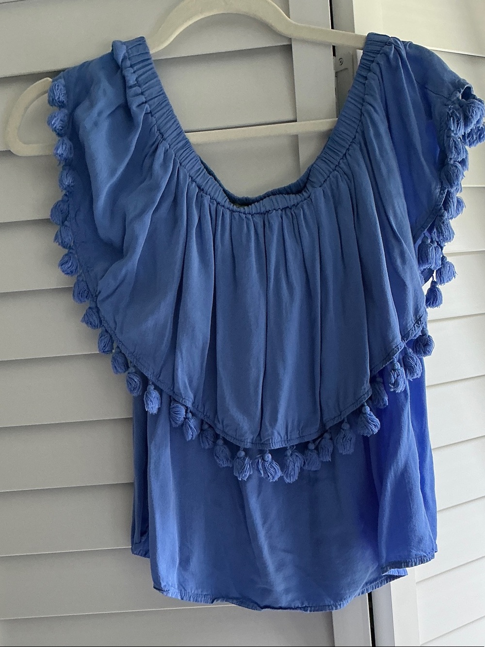 Women's Blue Tassel-Trim Off-Shoulder Blouse
